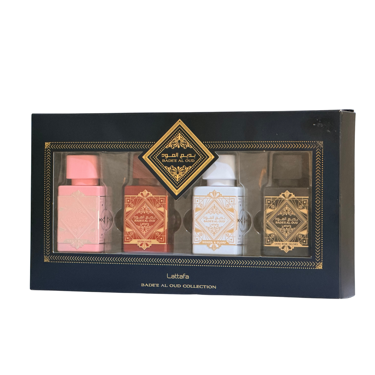 Lattafa Badee Al Oud Collection комплект парфюмни мостри EDP унисекс — 4 парфюмни води по 25 мл: Oud for Glory, Honor and Glory, Sublime, Noble Blush