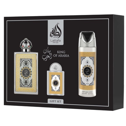 Lattafa Pride King Of Arabia козметичен комплект EDP за мъже — парфюмна вода 100 мл и 20 мл, дезодорант 200 мл