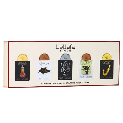 Lattafa Pride No.2 комплект парфюмни мостри EDP унисекс — Artisan Ethnique, Natural Oud, Tharwah Silver, Eternal Oud, Ishq Al Shuyukh Gold, 5 парфюма по 20 мл