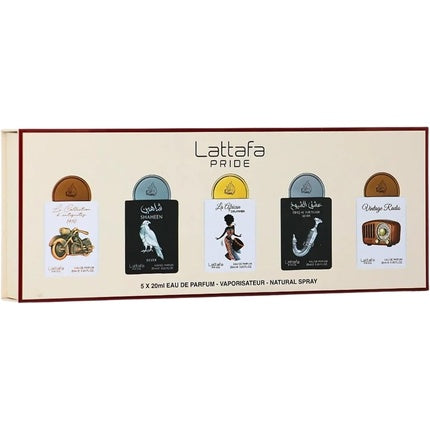 Lattafa Pride No.5 комплект парфюмни мостри EDP унисекс — La Collection D'Antiquités 1910, Shaheen Silver, La African Drummer, Ishq Al Shuyukh Silver, Vintage Radio, 5 парфюма по 20 мл